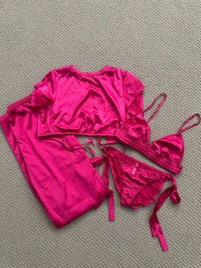 SKIMS Hot Pink Satin Triangle Bralette & Garter Brief Set